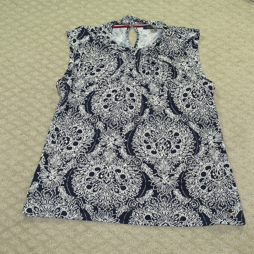 Tommy Hilfiger Women's S Navy Blue White Patterned Sleeveless Top